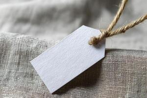 Simple white tag hanging from twine on textured fabric showcasing minimalist design photo