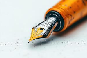 Elegant fountain pen with intricate nib details resting on a textured surface photo