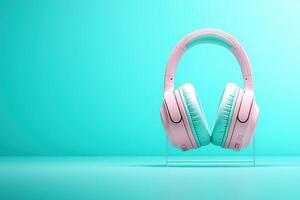 Stylish headphones displayed on a clear stand with a vibrant teal background photo
