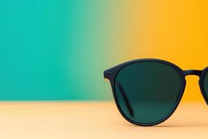 Stylish sunglasses with dark lenses against a colorful background in bright daylight photo