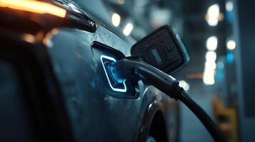 Electric vehicle charging station with modern design in urban location at night photo