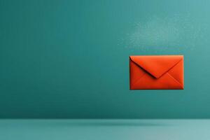 Orange envelope floating against a mint green background with sparkling particles around it photo
