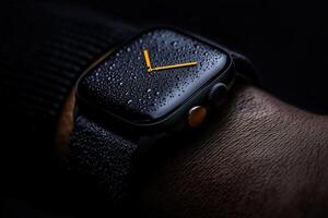Black smartwatch on wrist with water droplets displayed in low light conditions photo