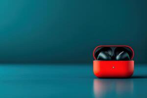Wireless earbuds charging in a vibrant red case on a sleek blue surface photo