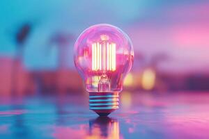 Colorful light bulb glowing on a reflective surface during twilight photo