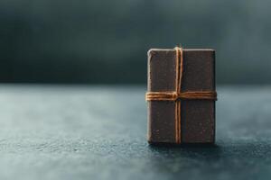 Handcrafted chocolate bar tied with twine on a textured dark surface, showcasing artisanal design photo