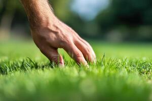 Gentle hand touching fresh green grass in a sunny park photo