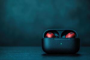 Wireless earbuds charging in a sleek black case with a blue background photo