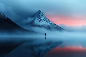 Dramatic mountain landscape at dawn with lone figure in vibrant red jacket photo