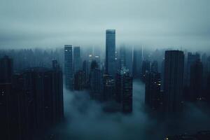 Foggy skyline view over a cityscape at night with towering buildings and illuminated lights photo