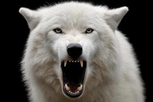 White wolf displaying aggressive behavior in a dark environment photo