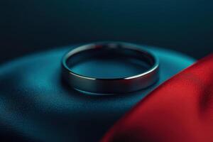 Elegant silver ring resting on dark fabric with vibrant red drape in soft light photo