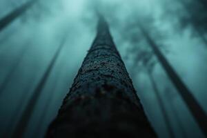 Tall tree reaching toward the foggy sky in a dark, dense forest at dawn photo