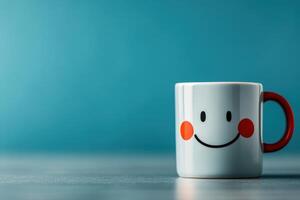 Cheerful smiley mug on a simple surface with a vibrant background photo