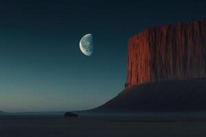 Vast desert landscape features a distant mountain and a large moon in the evening sky photo