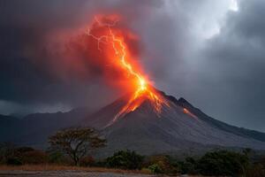 Volcano erupts spectacularly with lava and lightning during a stormy evening photo
