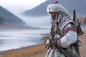 Elderly hunter dressed in traditional clothing stands by a tranquil river in Mongolia at dawn photo