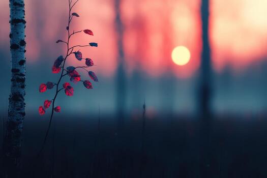 Beautiful sunset illuminating autumn leaves on a tree in a serene forest setting photo