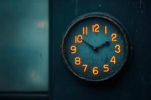Vintage wall clock showing time with glowing numbers in a dimly lit room photo