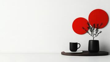 Minimalist decor featuring red circles and a black vase with greenery on a white background photo