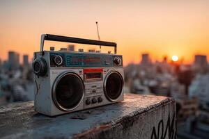 Old boombox on a rooftop during sunset over a city skyline photo