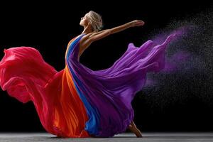 Dynamic dance performance in colorful flowing dress showcasing motion and elegance photo
