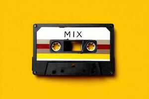 Vintage audio cassette with colorful stripes on yellow background showcasing nostalgia photo