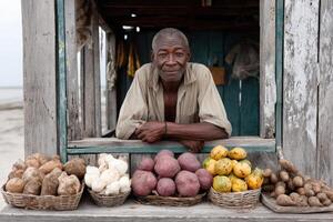 Vendor offers fresh produce at roadside stand near beach during sunny day photo