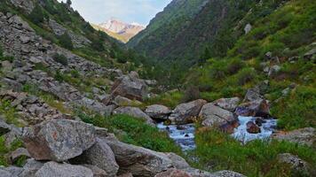 Handheld static view of a mountain valley with a winding stream, green hills, and scattered boulders. Overcast sky, rocky terrain, no movement, natural setting. video