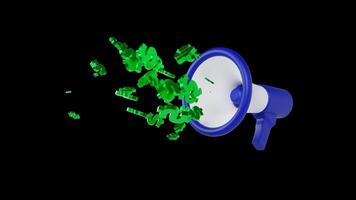 Animation of a Blue Megaphone Releasing Floating Dollar Signs on a Transparent Background video