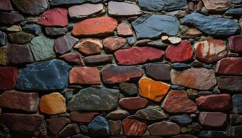 Stone wall with textured surface multicolored irregularly shaped stones and rustic natural pattern photo