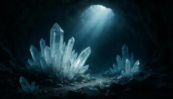 Quartz crystals in illuminated cave with light beam creating enchanting and serene atmosphere photo
