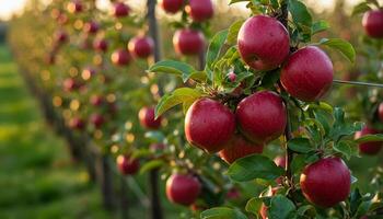 Golden sunset over apple orchard with ripe fruit hanging on lush green trees photo