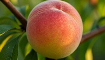 Peach on tree with ripe fruit glowing under sunlight surrounded by green leaves photo