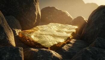 Shiny gold nugget among dark rocks glowing textures illuminated by warm light in natural view photo
