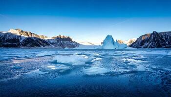 Large iceberg in Arctic waters with floating ice chunks and snow-covered mountains in the background photo