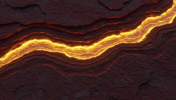 Glowing lava flow with orange yellow hues on dark cracked rocks and volcanic textures photo