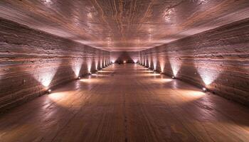 Illuminated stone corridor with textured layered walls and lighting creating natural depth photo