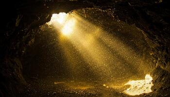Sunlight streaming in cave with floating dust beams of light and natural serene beauty photo