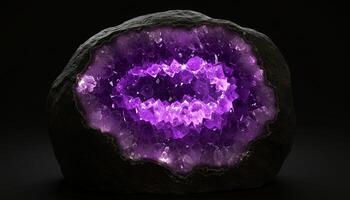 Purple geode cross-section with sparkling crystals textured layers and geological elegance photo