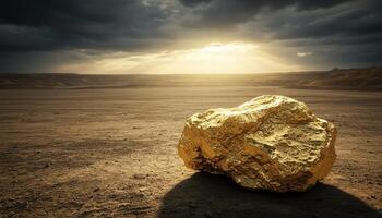 Gold nugget on cracked desert ground with glowing sunlight and dramatic cloudy natural scene photo