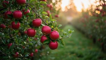 Cluster of fresh red apples on tree branch in orchard with morning sunlight and green grass pathway creating a calm and fruitful countryside atmosphere in autumn harvest season photo