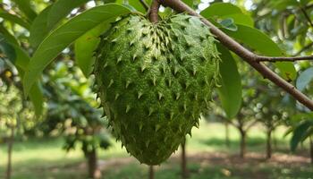 Ripe soursop hanging from tree with textured green spiky skin and lush leaves in tropical natural scenery photo