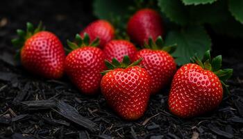 Bright red ripe strawberries resting on soil with green leaves and sunlight enhancing freshness and texture photo