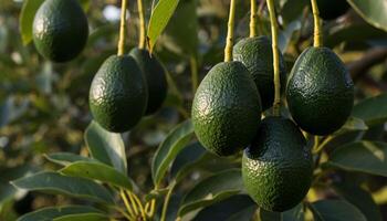 Ripe avocados hanging from tree with dark textured skin and glossy leaves in vibrant organic plantation setting photo