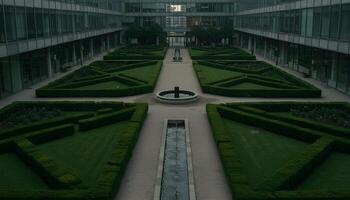 Landscaped garden with trimmed hedges and symmetrical pathways between modern office buildings photo