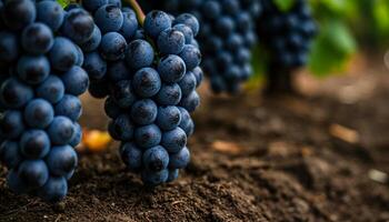 Ripe dark purple grapes hanging from vine with glossy texture surrounded by green leaves in vineyard setting photo