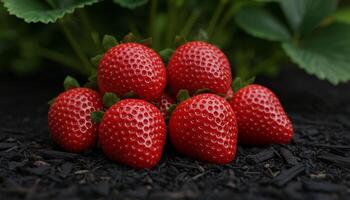 Ripe strawberries resting on soil with green leaves and sunlight highlighting texture and freshness photo