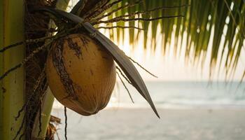Close-up of ripe coconut hanging from tree with textured surface and tropical coastal scenery in background photo
