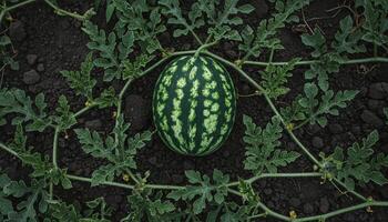 Ripe watermelon with textured dark green rind growing in field surrounded by vines and rich fertile soil photo